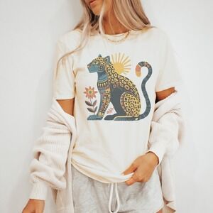 Mystical Feline Folk Art Graphic Tee Boho Spiritual Design